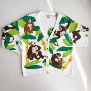 vtg Raphel's monkey‎ bananas embroidered white cardigan sweater